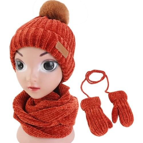 New 1-5 Years Baby hat scarf glove mitten 3pcs suit Winter Warm Corchet Chenille Slouchy Beanie and Scarf for Boys and Girls