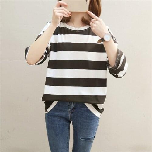 New Women Long Sleeve Loose Striped T-Shirts Casual O-neck Autumn T-shirt Top Sweet Bottoming Shirt
