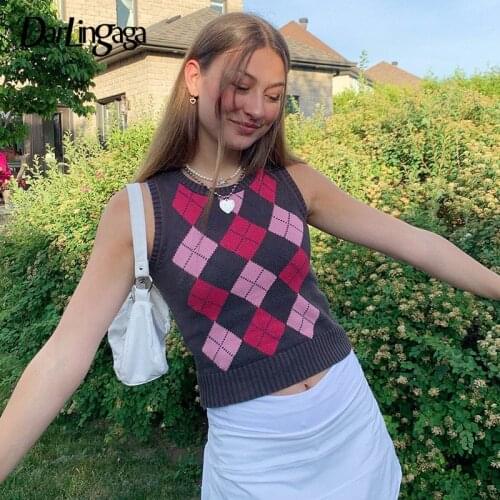Darlingaga Vintage Argyle Plaid Knitted Sweater Vest y2k Sleeveless Cropped Tops Pullover Harajuku Womens Sweaters Autumn Mini