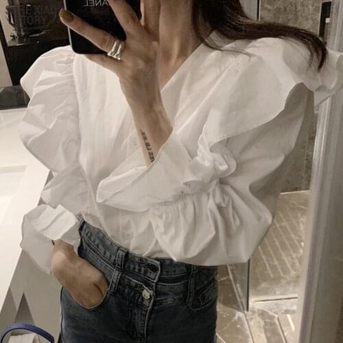 2021 New Autumn Korean Style Ruffles V-neck Long-Sleeve Shirt Women Solid Elegant Women Blouse Ladies Cardigan Tops Blusas 9656