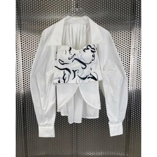Women Shirt 2021 Early Autumn Printed Three-dimensional Tube Top Stitching Slits Cropped Long-sleeved Shirt
