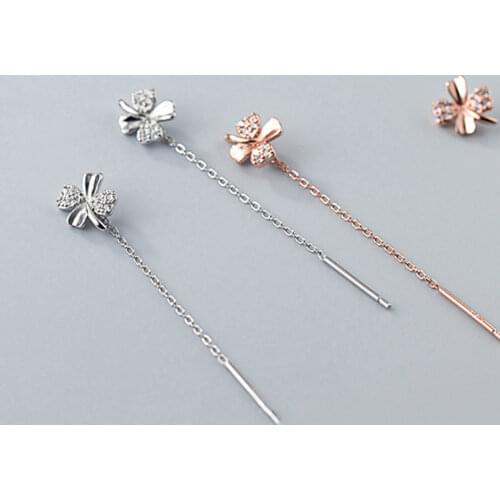 Real 925 Sterling Silver Chain Tassel Zircon Flower Drop Earrings For Fashion Women Party Fine Jewelry Accessories Gift