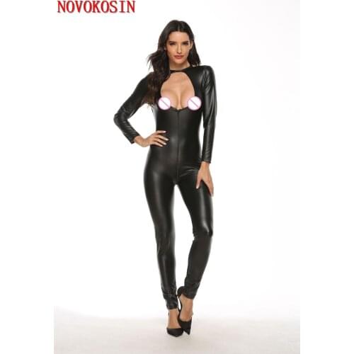 M-4XL 2020 Plus Size Funny Open Bra Sexy Jumpsuit Costume Female DS Cosplay Faux Leather Zipper Cross Over Crotch Back Bodysuit
