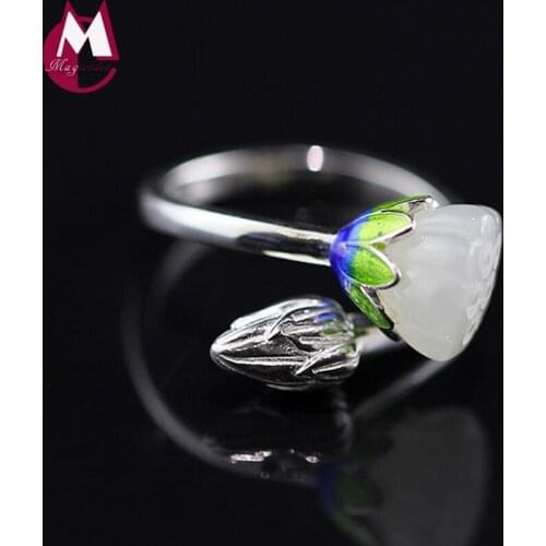 Ethnic Enamel Jade Lotus Jewelry Sets 925 Sterling Silver Earrings For Women Natural Stone Ring Classic Wedding Jewelry SS05