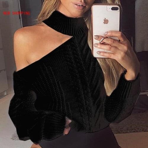 Sexy Hollow Shoulder Womens Sweaters 2021 Winter New Casual Solid Loose Sweater Knitted Pullovers Oversized Sweaters Clubwear