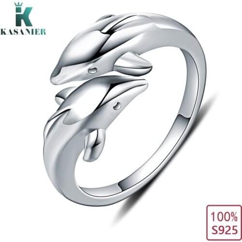 KASANIER Smooth Double Dolphin 925 Sterling Silver Adjustable Rings for Women Fashion Cute Party Charm Female Party Bijoux Gift