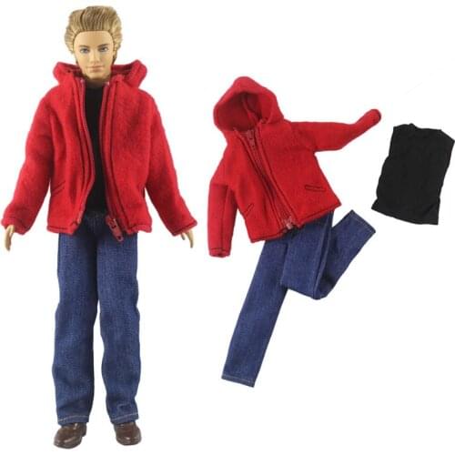 1set Black Tank Denim Trousers Pants Red Fur Coat for Ken Boy Doll Clothes Outfits Suit Clothing for Barbies Boyfriend Ken