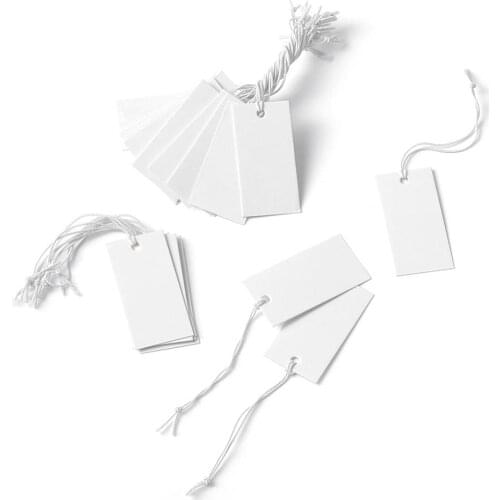 100pcs Rectangle Paper Price Cards String Cord Price Tags White Blank Label Jewelry Display Card Package Hang Tag Card