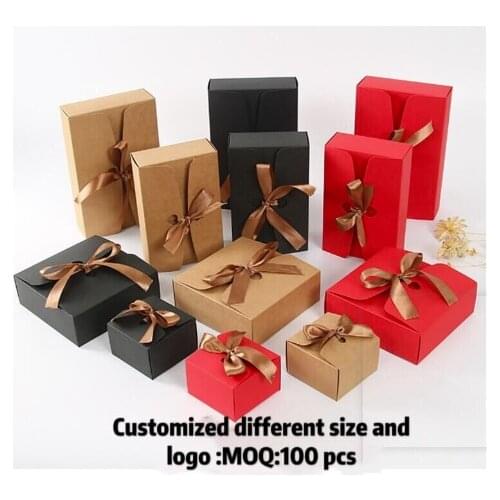 20pcs/lot Kraft paper boxes with ribbon White Black red Candy Bag Wedding Gift Box Package Birthday Party Decoration Bags
