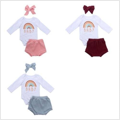 Baby Girls 3 PCS Outfit Set Rainbow Letter Long Sleeve Button Closure Romper Triangle Short Triangle Pants Bow Hair Band Set