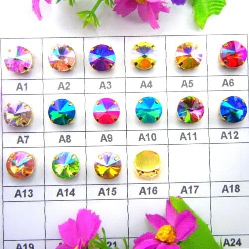 AB colors Gold claw settings 7 sizes Rivoli round shape glass Crystal Sew on rhinestone beads Wedding dress accessories diy