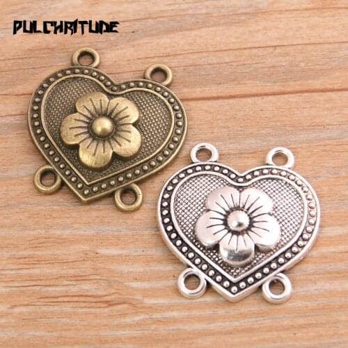 PULCHRITUDE 6pcs 31*32mm Retro Two Color Zinc Alloy Heart Flower Pendants Connectors Linker For DIY Charm Jewelry Accessorie