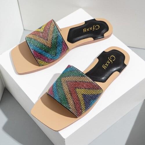 Blingbling Fashion Luxury Design Rainbow Rhinestone Women Slippers Square Toe Flat Heel Ladies Sandals Girls Shoes Plus size 42