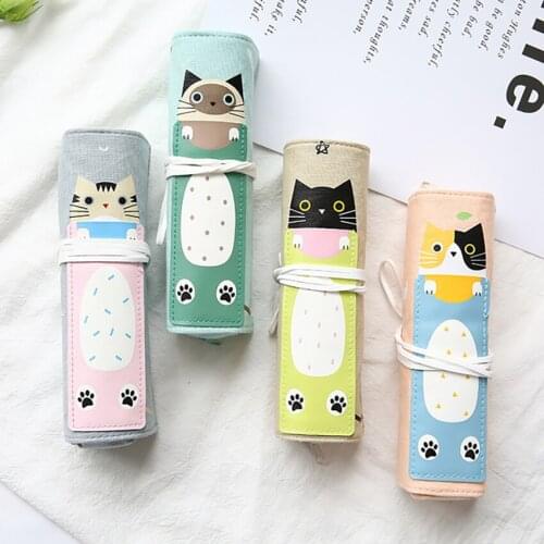 Cute Cat Pencil Case Rolling Curtain Dual Purpose Multi-function Pen Bag Canvas Pen Bag for Students Personality Stationery