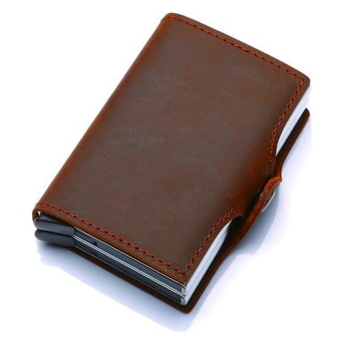 By dhl 50pcs 2018 vintage genuine leather card holder rfid wallet aluminum unisex crazy horse leather 2 metal credit card holder