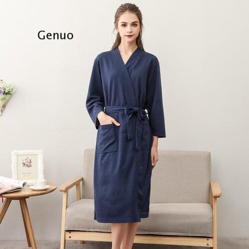 Women Summer 2021 Long Bath Robe Pajamas Kimono Solid Waffle Bathrobe With Sashes Dressing Gown Sleepwear Female Homewear