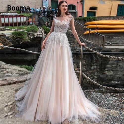 Booma Elegant Lace Wedding Dresses Boho 2020 Tulle Beach Bridal Gowns Cap Sleeve Open Back A-line Wedding Gowns Plus Size