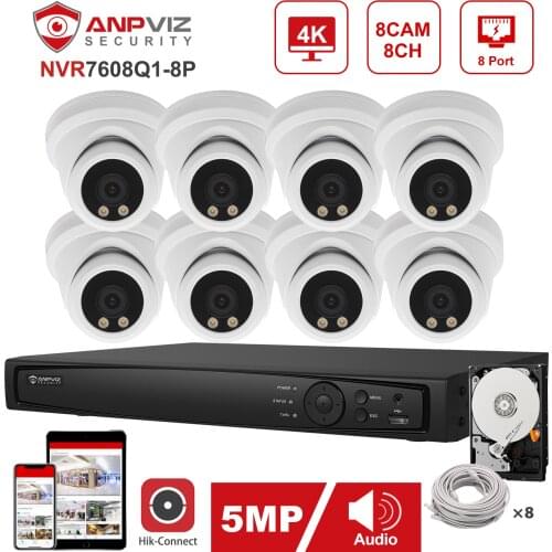 Hikvision OEM 8CH 4K NVR 4/6/8pcs Anpviz 5MP ColorVu IP Camera POE IP Security System Kit Indoor/Outdoor Color Night Vision
