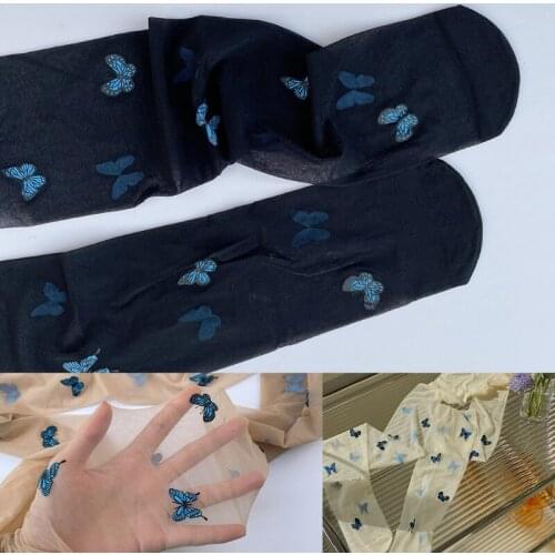 Women Girls Blue Butterfly Print Pantyhose Summer See-Through Ultra-Thin Silky Tights Japanese Lolita Seamless Stockings