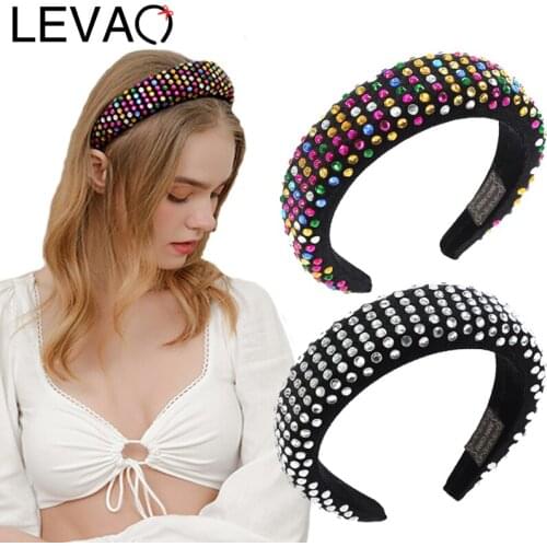 LEVAO New Solid Color Rhinestones Wide Headbands For Women Crystal Flannel Shiny Luxury Padded Hair Bands Party Hair Accessories