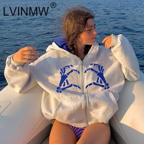 LVINMW Long Zip Up Hoodie Hand Bones Printed Casual Loose Mode Cardigans With Pockets Simple Designed Streetwear Outerwear
