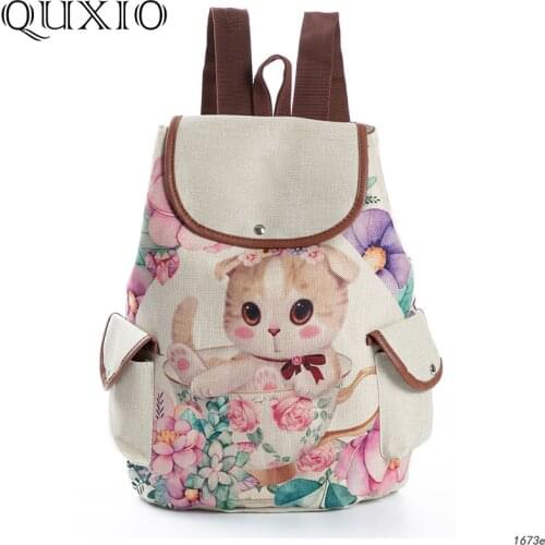 Cute Cat Printed Women Backpack 2021 Summer New Linen Back Bags For Ladies Fashion Student Bag Large Capacity Travel Bag ZXR02