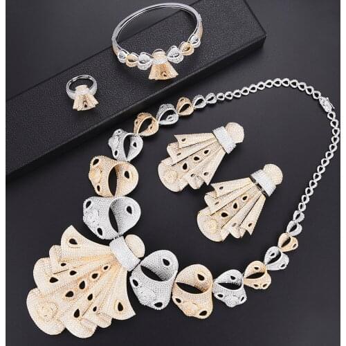 Blachette Fashion African Wedding Jewelry Cubic Zirconia Bridal 4PCS Big Necklace Earrings Bangle Ring Set For Women Engagement