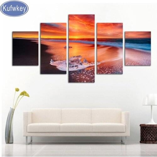 Kufwkey diy diamond painting 5 Panel Beach Sunset Seascape For Living Room Home Decor 5d Diamond Embroidery Cross Stitch kits