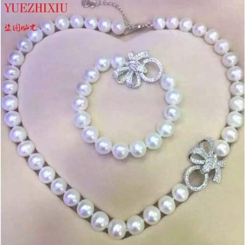 Hand knotted 10-11mm white freshwater pearl butterfly micro inlay zircon accessories necklace Bracelet set