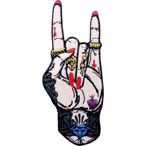Embird patches Embroidered appliques Rock and Roll Tattoo Hand Symbol Finger Sign handmade patches for backpacks iron on patch