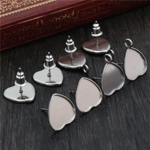 No Fade ) 12mm 20pcs Stainless Steel Heart Style Earring Studs,Fit 12mm Heart Glass Cabochons,Buttons;Earring Bezels