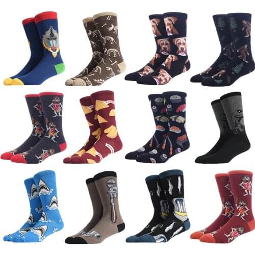 5 Pairs/Lot Colorful Mens Dress Socks Novelty Food Animal Flag Cotton Art Funny Happy Harajuku Hip Hop Warm For Men Sokken