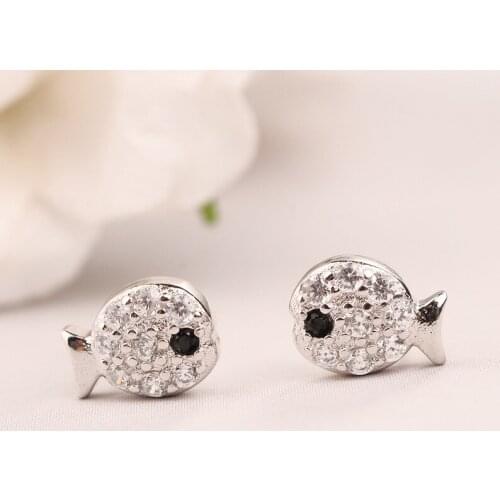 One Pair 925 Sterling Silver Women Statement Jewelry Fashion Tiny Crystal Fish Stud Earring Gift For Girls Friend Kids