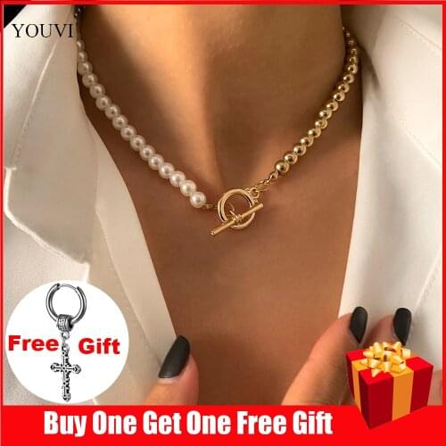 YOUVI 2021 Trendy Baroque Pearl Chain Necklace for Women Collar Punk Toggle Clasp Circle Lariat Bead Choker Necklaces Jewelry