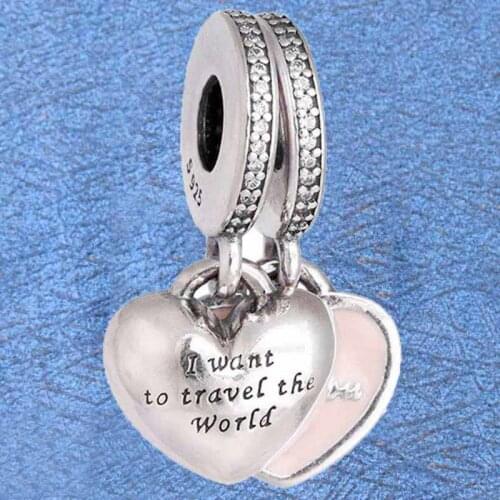 Original Pink Enamel Love Heart Travel Together Forever Pendant Beads Fit 925 Sterling Silver Charm Europe Bracelet Diy Jewelry