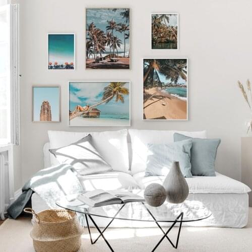 Tropical Summer Sea Landscape Poster Print Build Palm Tree Canvas Art Painting Seascape Picture Living Room Wall Decoration