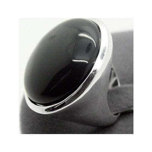 Rare Natural Black Natural jade 24mm 925 Sterling Silver Jewelry Ring Size 7/8/9/10