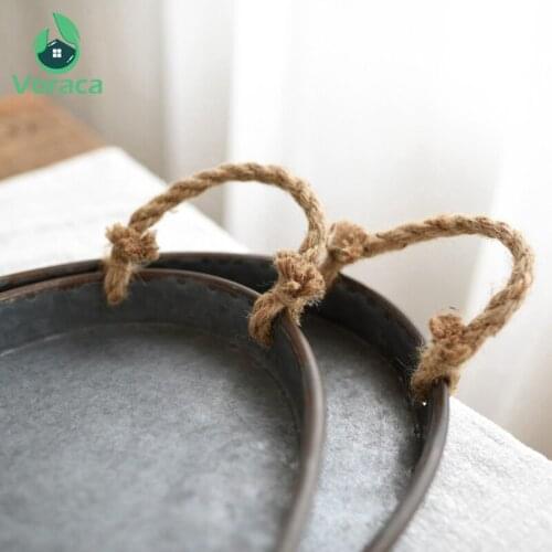 Retro Thicken Wrought Iron Storage Tray with Hemp Rope Handles Vintage Bread Tray Antique Storage Plates Home Photo Decor Props