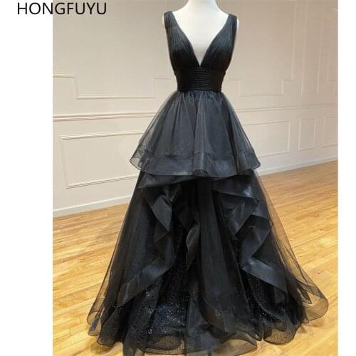 HONGFUYU Sexy Black Long Formal Evening Dresses 2021 robe de soirée A Line Tulle Deep V Neck Party Dress Evening Gowns for Women