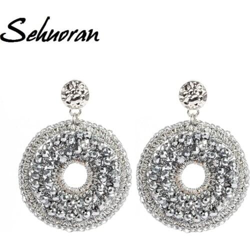 Sehuoran 2017 arts handmade earrings big drop oorbellen round crystal earrings for woman new Zinc Alloy Weaving brincos