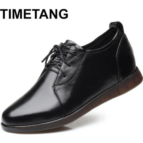 TIMETANGSpring Autumn Height Increase 1.5cm Genuine Leather Flat Shoes Woman Black Lace-Up Soft Breathable Flat Female Shoes