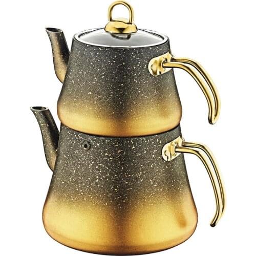 Turkish Tea Teapot Granite Marble Looking Gold Embossed Teapot Turkish Arabic Russian British Tea Demlikleri Alttın Gilded 4 piece