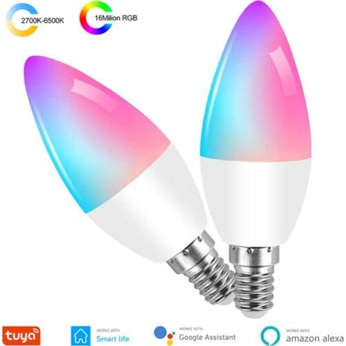 Tuya WiFi E14 Smart Bulb RGB+W+C LED Candle Bulb Dimmable Light SmartLife/Remote Control Compatible With Alexa Google Home 4w