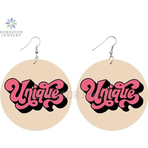 SOMESOOR Unique Written Printed Original Wooden Drop Earrings With Pink Cute Colors Loops Dangle Jewelry For Girl Women Gifts