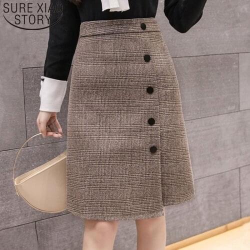 Faldas Mujer Moda 2021 High Waist Skirt Tweed Skirt Knee-Length Button A-Line Casual Skirts Womens Plaid Skirt For Women 7485 50