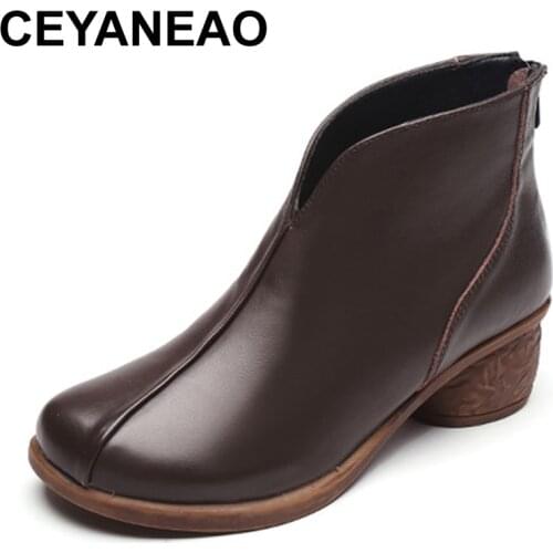 CEYANEAO 2020 Genuine Leather Winter Boots Women Chelsea Shoes Booties Woman Ankle Boots Platform Shoes Botines Mujer