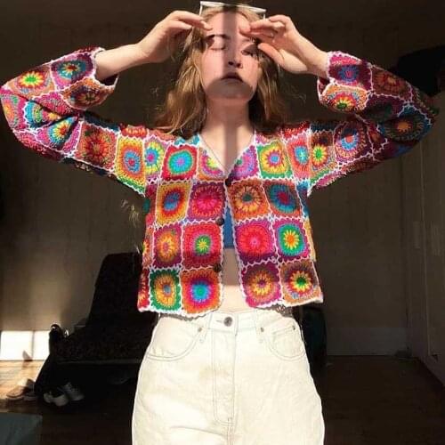 Boho Inspired Oversized button up cardigan floral crochet slouchy cardigan women V-neck long sleeve bohemian cropped cardigan