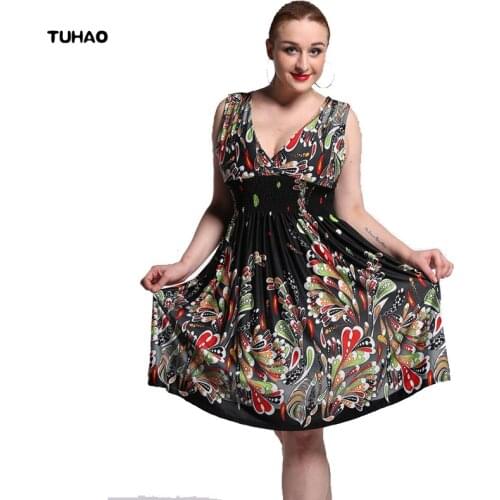 TUHAO Print Dress Bohemian Sleeveless Woman Knee Length Dresses Vintage Summer Elasitcity Waist Plus Size For Women 6XL 7XL CM15