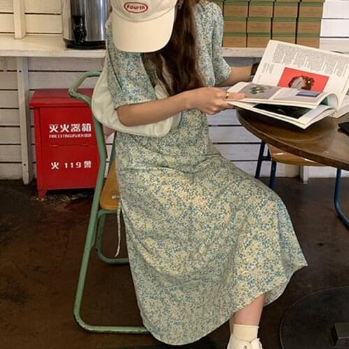 2021 Summer Floral Maxi Dress Women French Sexy Chiffon Dresses Office Lady Casual Loose Fairy Long Dress Robe Femme Chic 15253