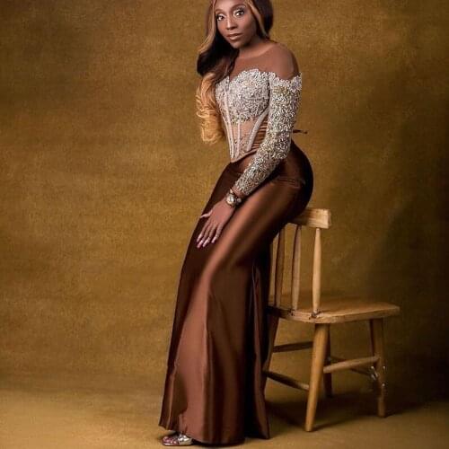 African robe de soirée de mariage Evening Dresses 2021 Long Sleeves Appliques Lace Mermaid Prom Dress Vestido Mermaid Prom Dress